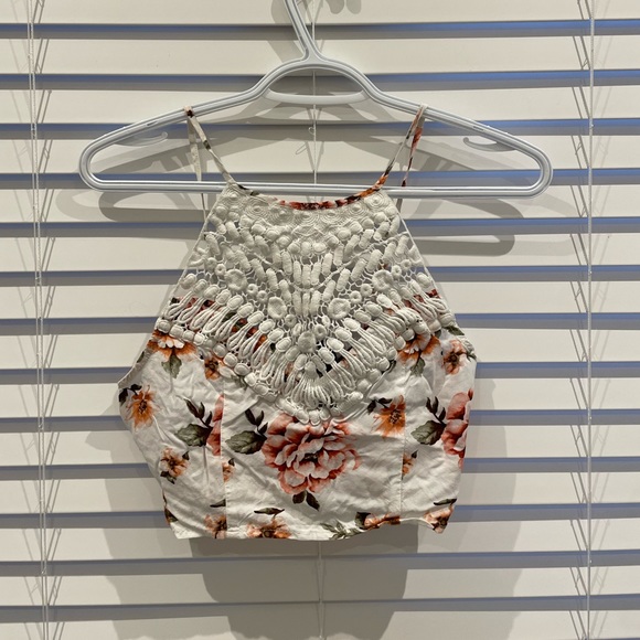 White Floral Lace Zip-Up Spaghetti Strap Top - Picture 1 of 1